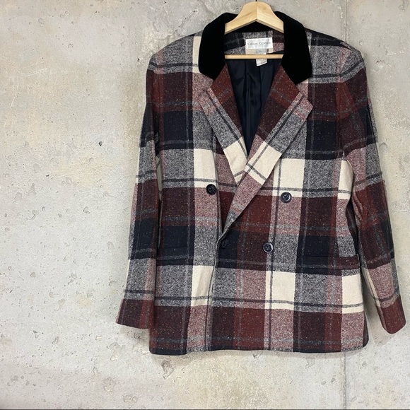Vintage Jackets & Blazers - Vintage brown rust cream black plaid wool blend structured blazer large